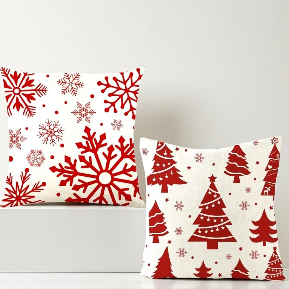 Christmas Pillow Covers 18x18 Set of 2 White Red Snowflake Tree Decor NWOT